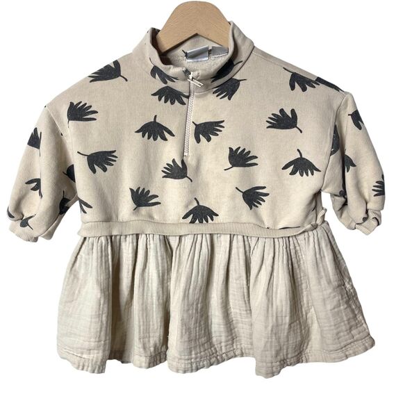 Zara Other - Zara 1/2 Zip Floral Sweater Dress Long Sleeve Mock Neck Ruffle Hem Tan 2-3 Years